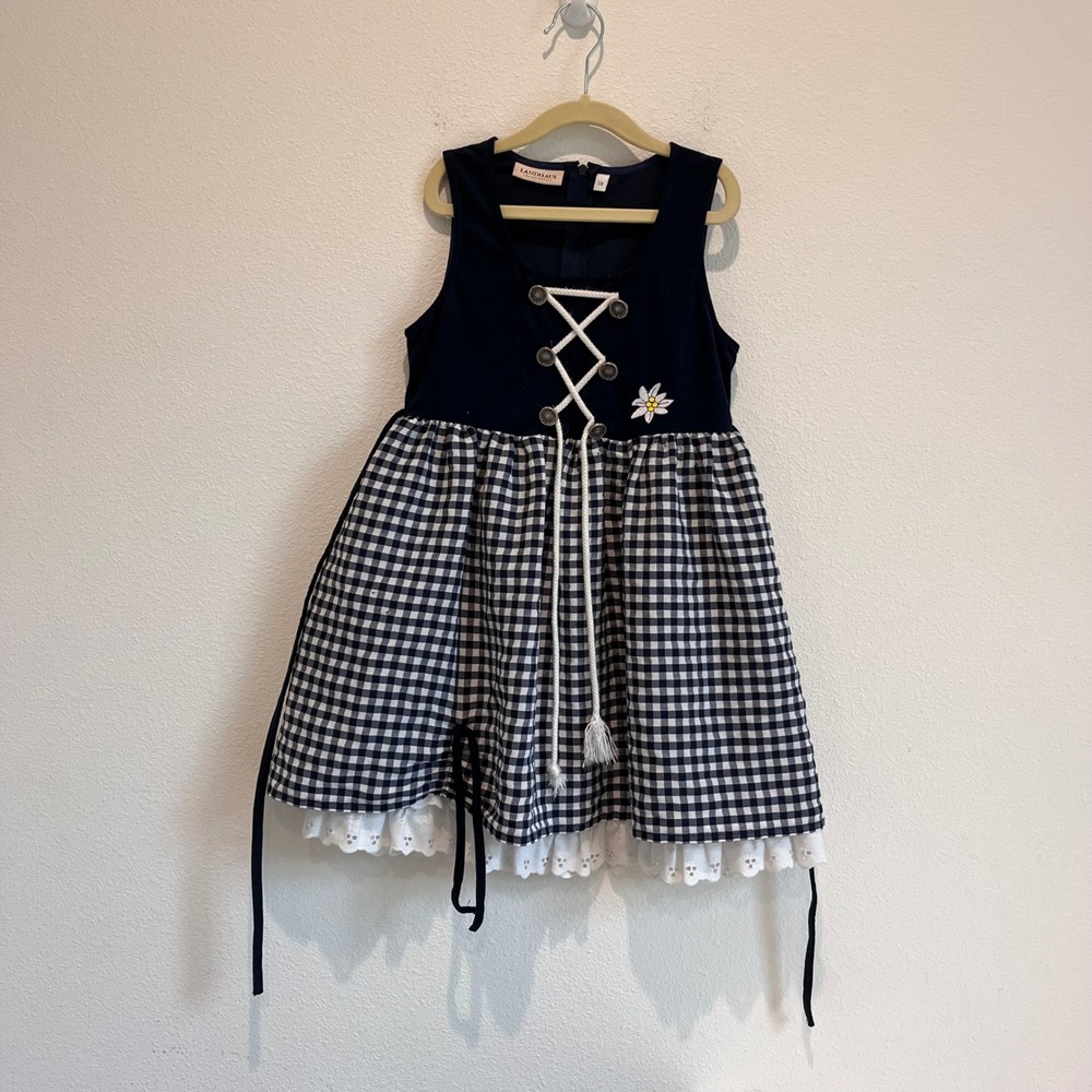 Landhaus C&A Kids Navy Gingham Dirndl Dress Edelweiss Lace Trim Size 116